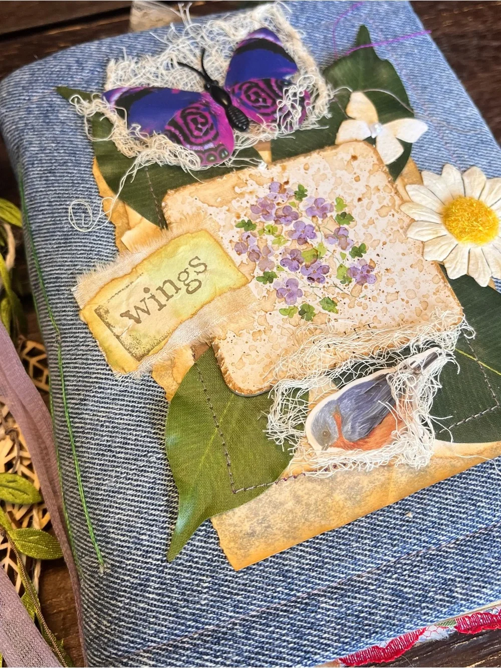 Nature Junk Journal Denim Butterfly Bird Floral Softcover 3 Sig Decorated - Picture 2 of 16